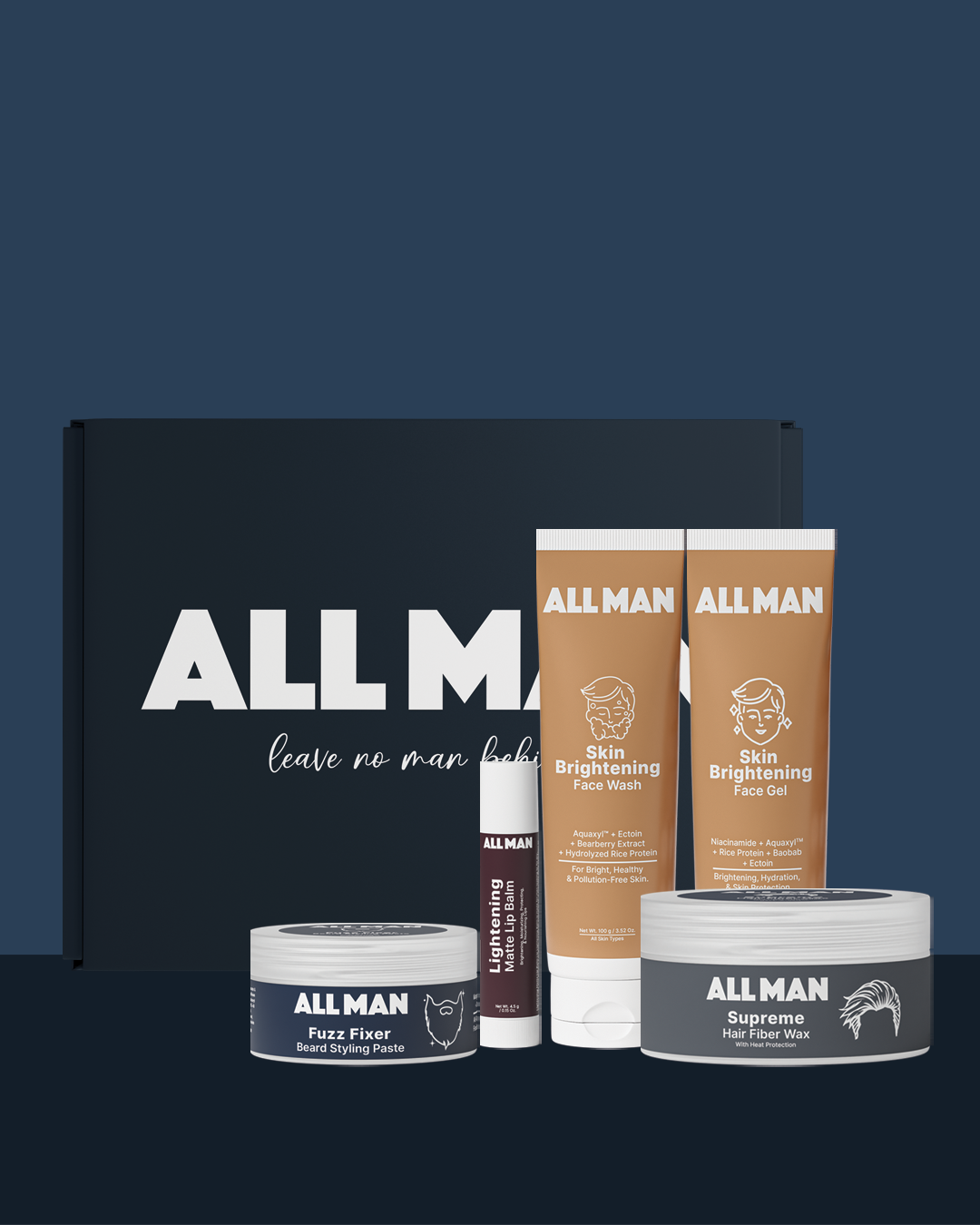 ALL MAN, Classic Collection, Gift box, Skin Brightening Face Wash , Skin Brightening Face Gel ,Fuzz Fixer Beard Styling Paste, Supreme Hair Fiber Wax, Lightening Matte Lip Balm