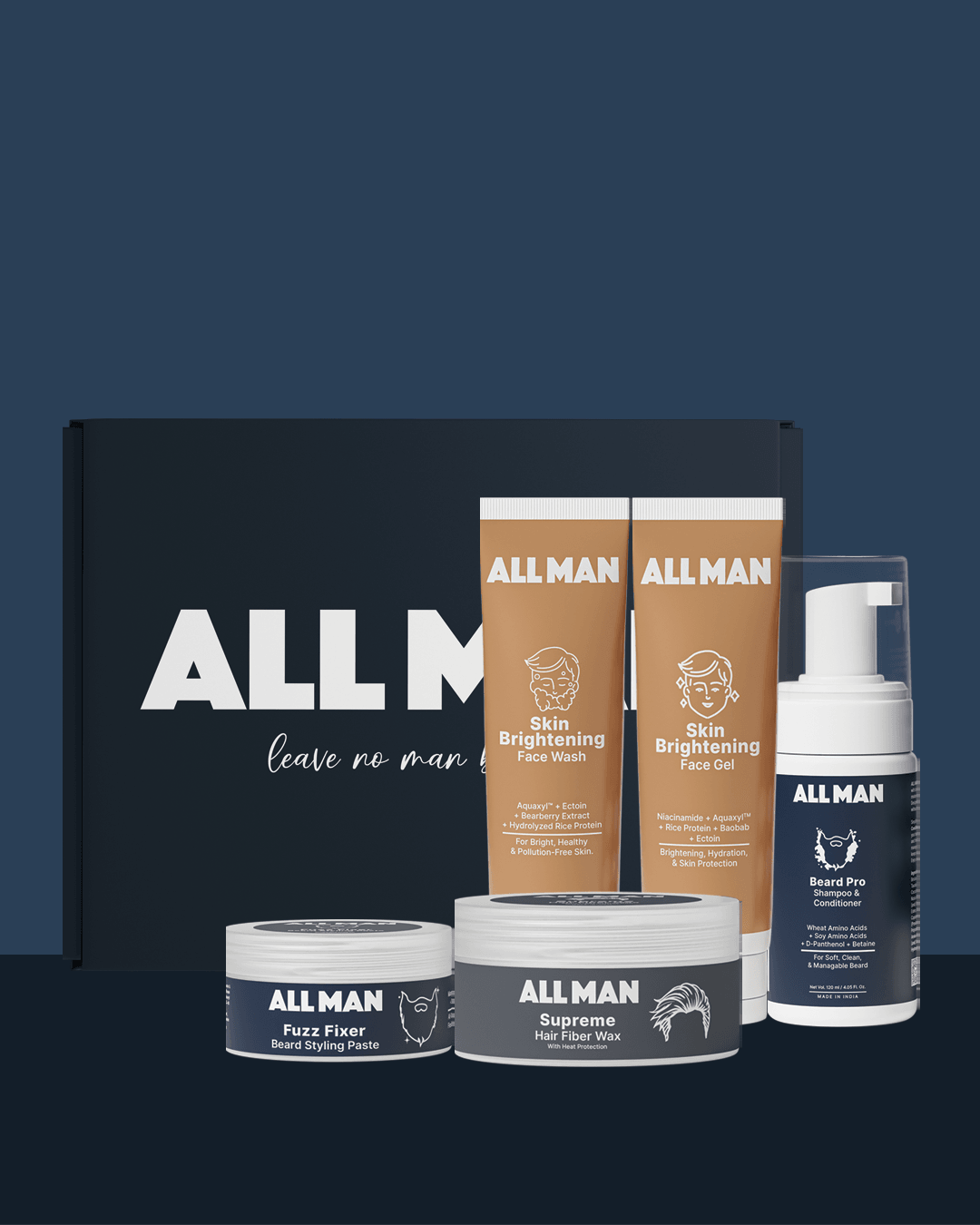 ALL MAN, Kaleshi Kit, Gift box, Skin Brightening Face Wash, Beard Pro Shampoo & Conditioner, Skin Brightening Face Gel, Supreme Hair Fiber Wax, Fuzz Fixer Beard Styling Paste