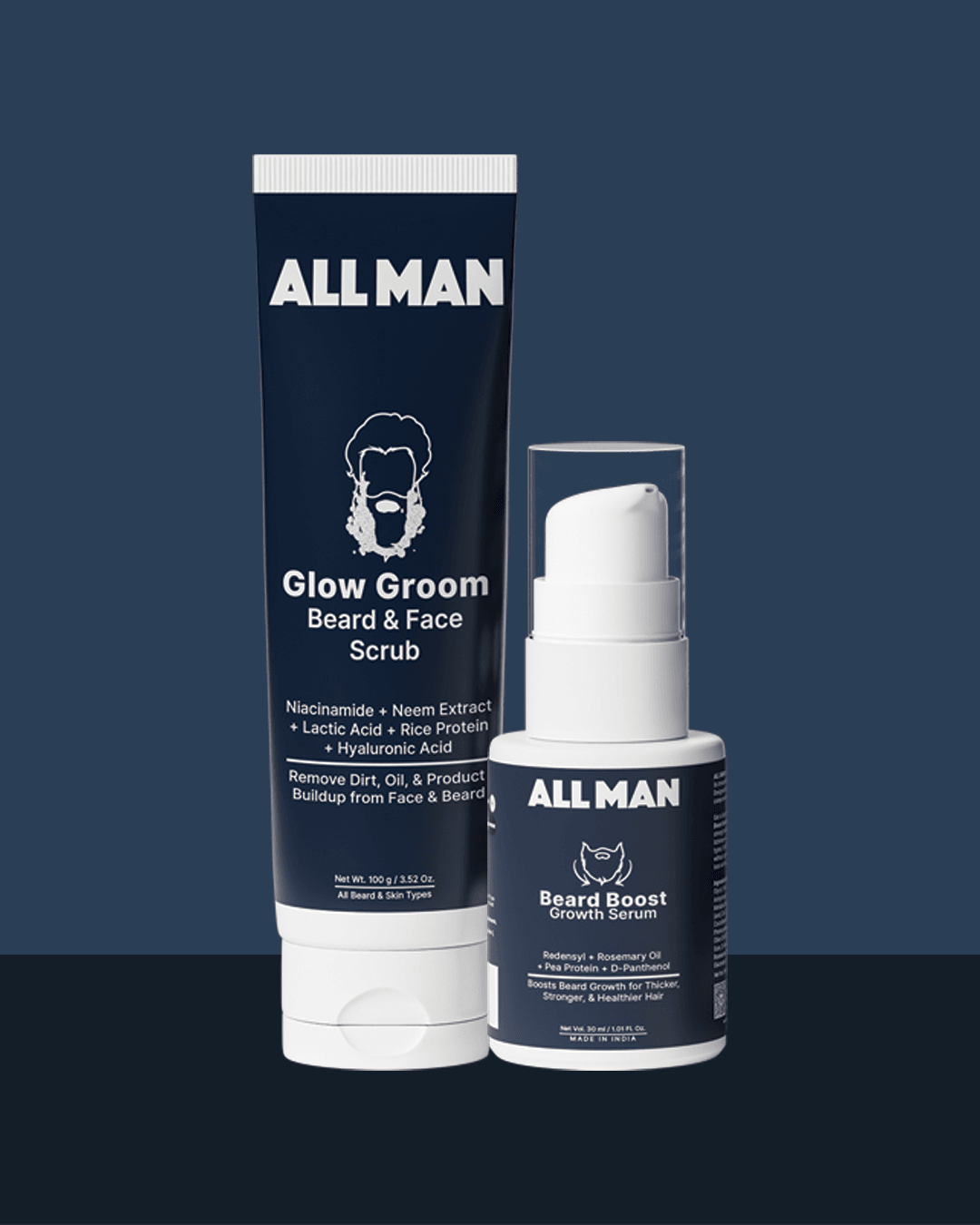 ALL MAN, Beard Growth Kit, Beard Boost Growth Serum, Glow Groom Beard & Face Scrub