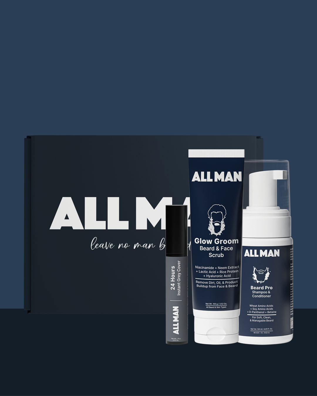 ALL MAN, Cover up, 24-Hour Instant Grey Cover, Gift box, Glow Groom Beard & Face Scrub, Beard Pro Shampoo & Conditioner