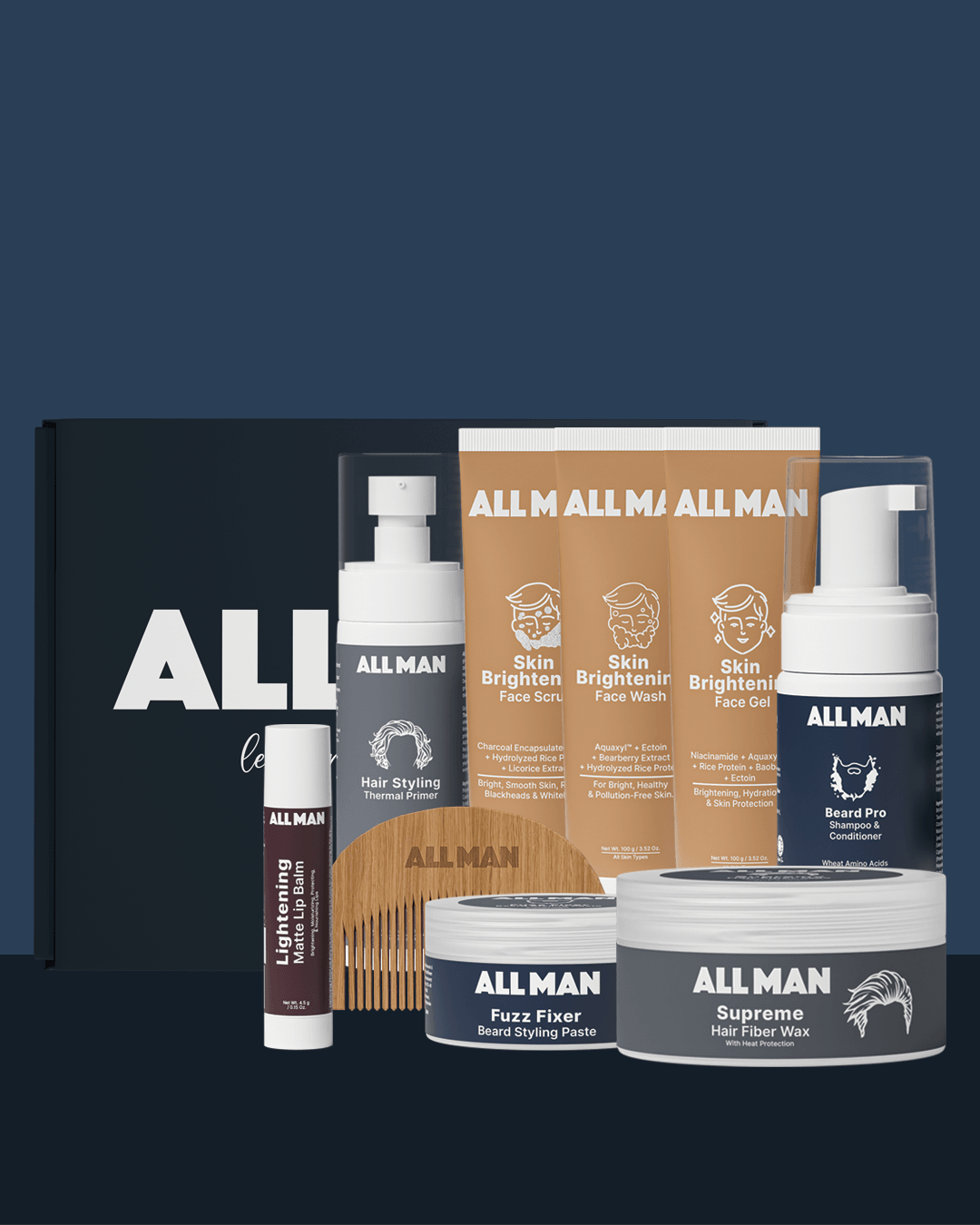 ALL MAN, OG Gift Kit, Gift box, Fuzz Fixer Beard Styling Paste, Beard Shaper Comb, Beard Pro Shampoo & Conditioner, Lightening Matte Lip Balm, Skin Brightening Face Wash, Skin Brightening Face Gel ,Skin Brightening Face Scrub, Supreme Hair Fiber Wax, Hair Styling Thermal Primer