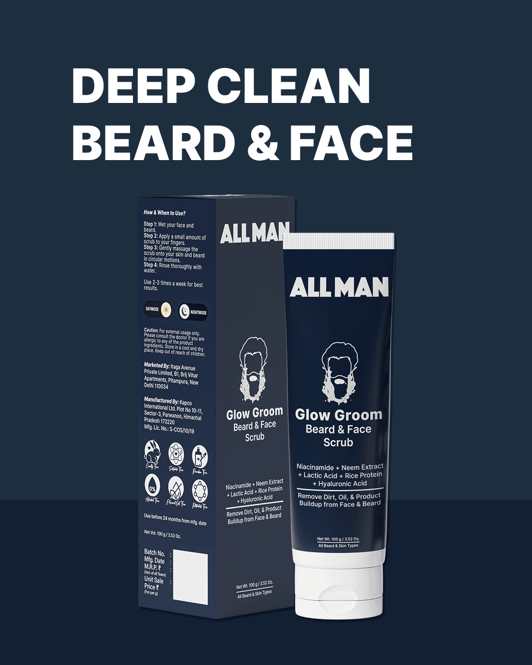 ALL MAN, Glow Groom Beard & Face Scrub, Deep Clean face and beard