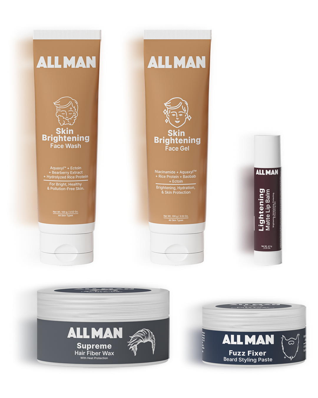 ALL MAN, Classic Collection, Skin Brightening Face Wash , Skin Brightening Face Gel ,Fuzz Fixer Beard Styling Paste, Supreme Hair Fiber Wax, Lightening Matte Lip Balm