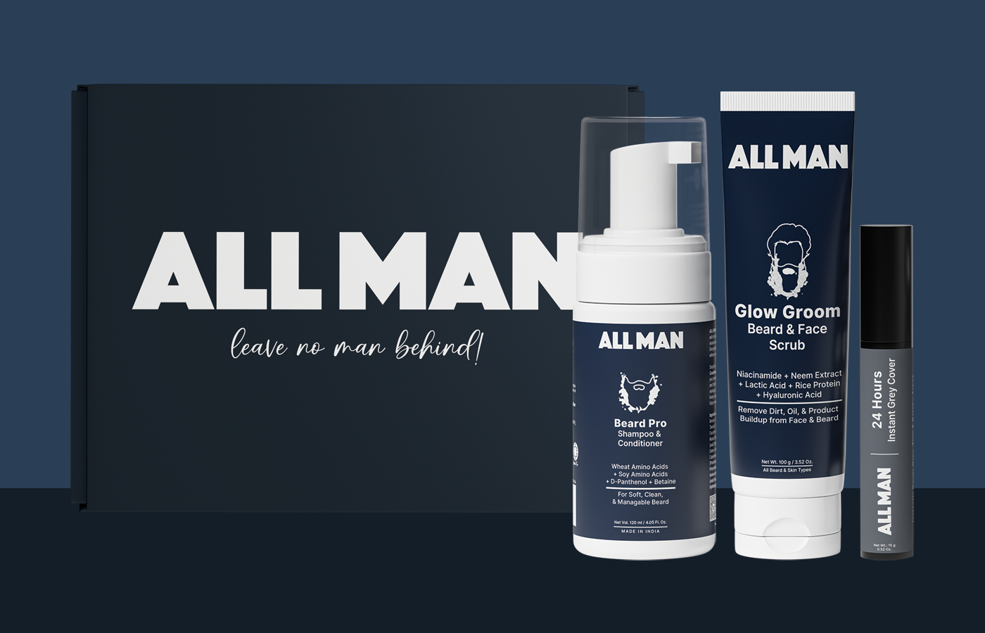 ALL MAN, Cover up, 24-Hour Instant Grey Cover, Gift box, Glow Groom Beard & Face Scrub, Beard Pro Shampoo & Conditioner, Instant Fix, Zero Stress