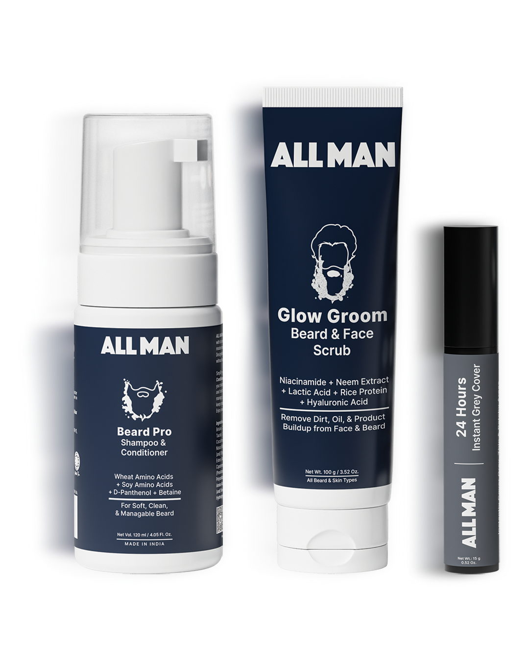 ALL MAN, Cover up, 24-Hour Instant Grey Cover, Glow Groom Beard & Face Scrub, Beard Pro Shampoo & Conditioner