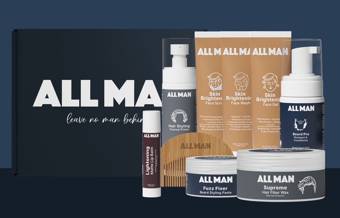 ALL MAN, OG Gift Kit, Gift box, Fuzz Fixer Beard Styling Paste, Beard Shaper Comb, Beard Pro Shampoo & Conditioner, Lightening Matte Lip Balm, Skin Brightening Face Wash, Skin Brightening Face Gel ,Skin Brightening Face Scrub, Supreme Hair Fiber Wax, Hair Styling Thermal Primer, The Ultimate Grooming Flex