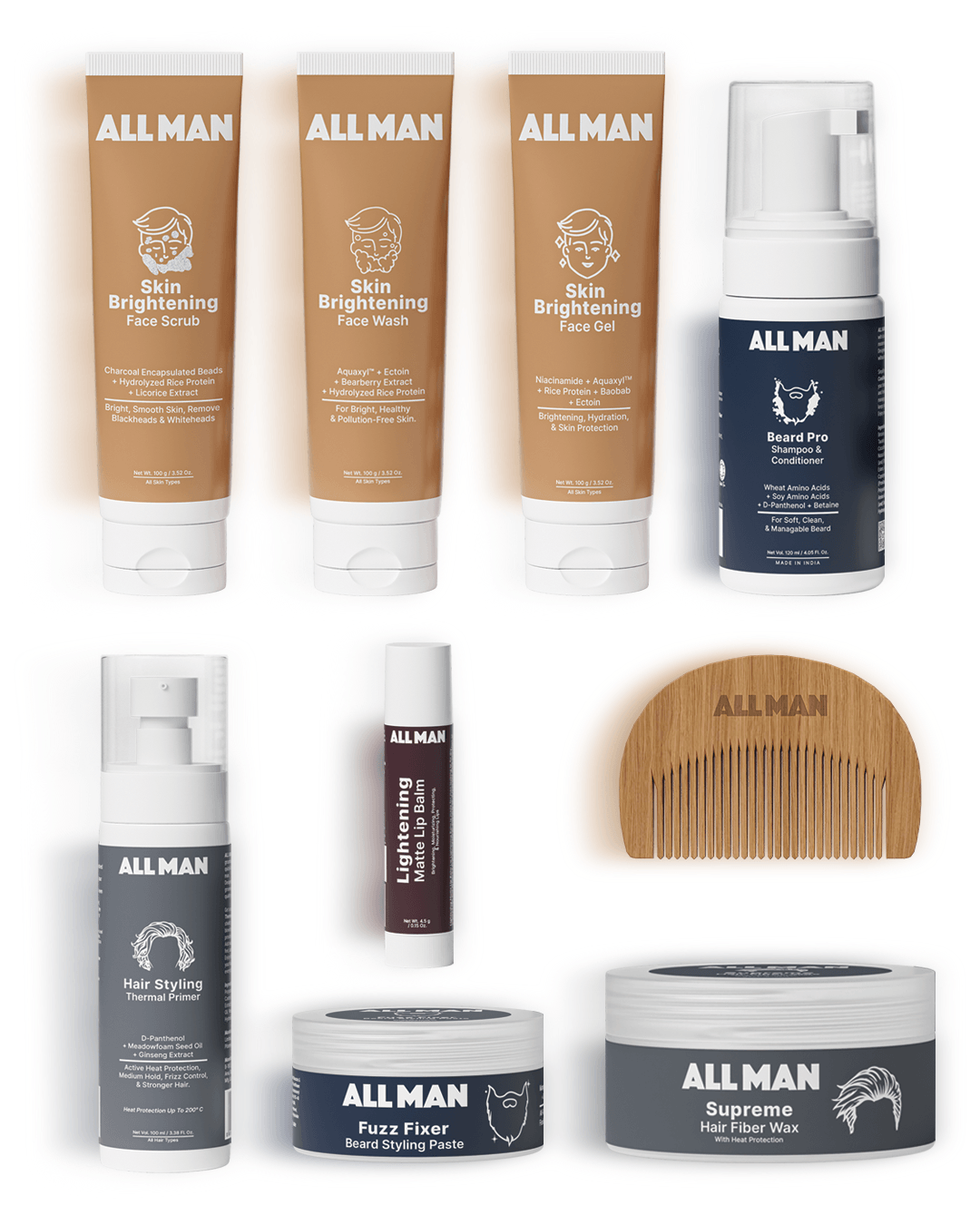 ALL MAN, OG Gift Kit, Fuzz Fixer Beard Styling Paste, Beard Shaper Comb, Beard Pro Shampoo & Conditioner, Lightening Matte Lip Balm, Skin Brightening Face Wash, Skin Brightening Face Gel ,Skin Brightening Face Scrub, Supreme Hair Fiber Wax, Hair Styling Thermal Primer
