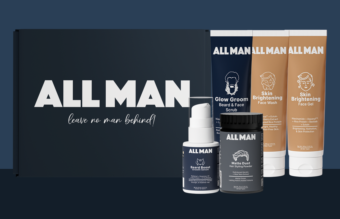 ALL MAN, Shararti kit, Gift box, Matte Dust Hair Styling Powder, Glow Groom Beard & Face Scrub, Skin Brightening Face Wash, Skin Brightening Face gel, Beard Boost Growth Serum, Play Hard, Look Sharp
