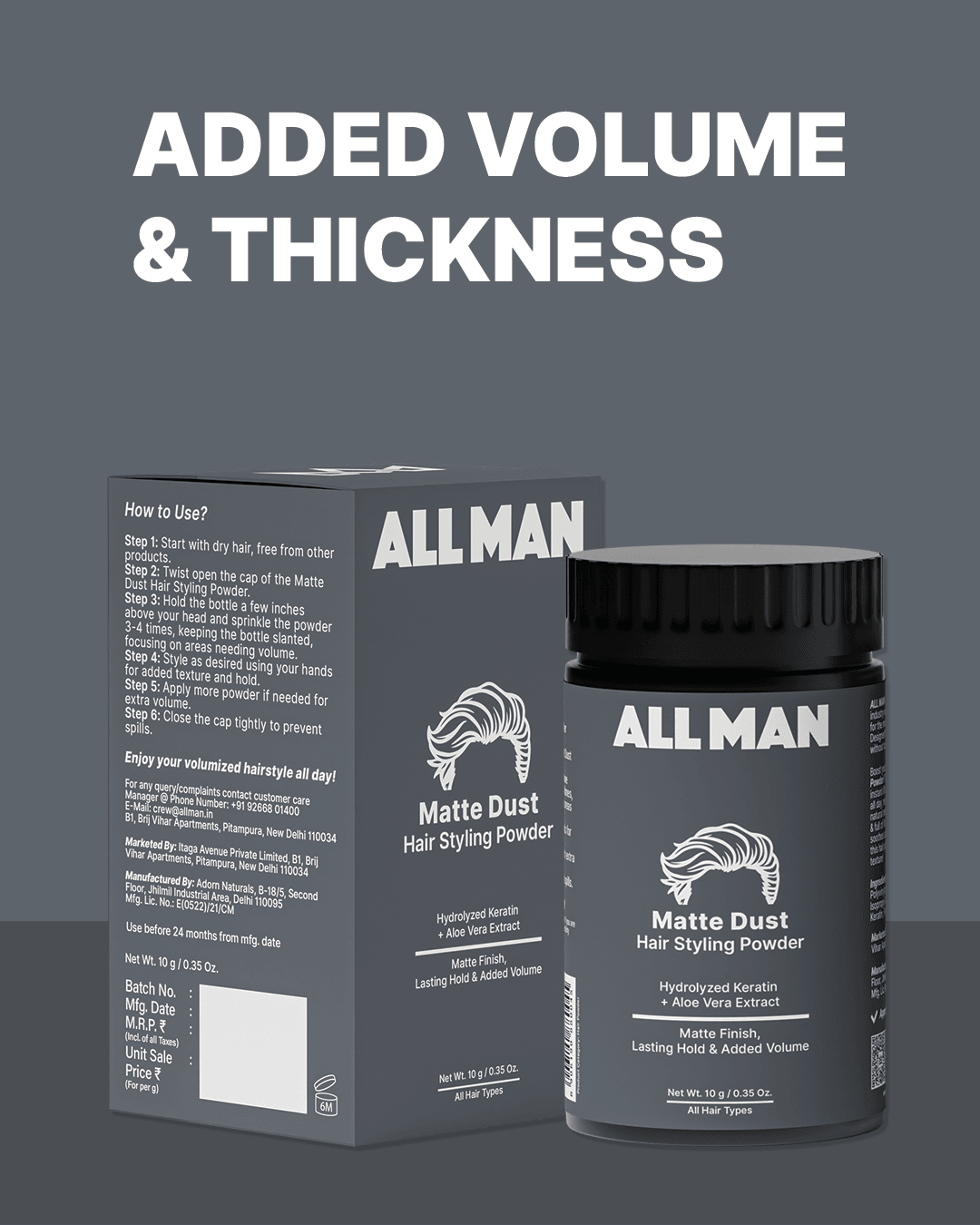 ALL MAN, Matte Dust Hair Styling Powder, Added volume & thickness