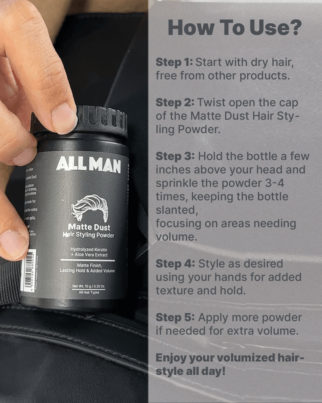 ALL MAN, Matte Dust Hair Styling Powder, How To Use 