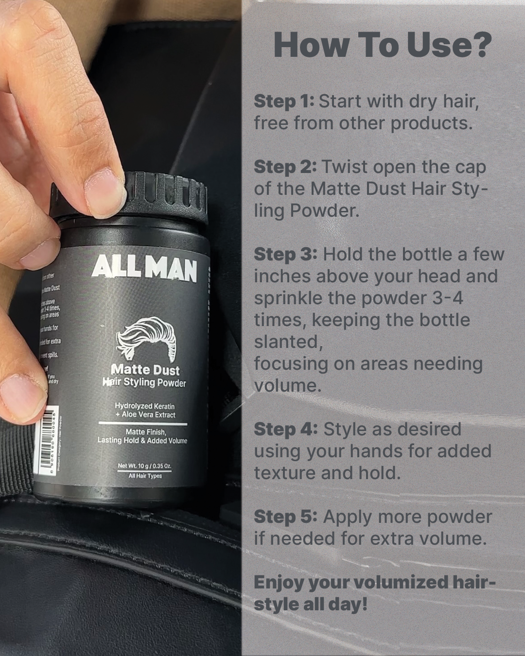 ALL MAN, Matte Dust Hair Styling Powder, How To Use 